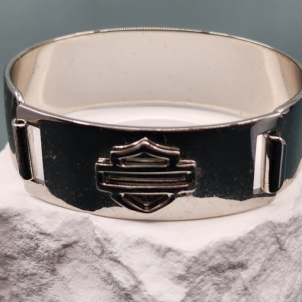 Harley-Davidson Silver Tone Black Enamel Wide Cuff Bracelet Bar Shield Biker
